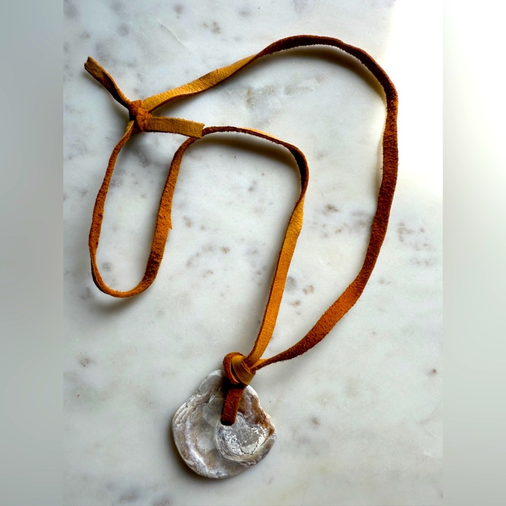 Handmade Brown Leather Necklace with coral Shell Pendant